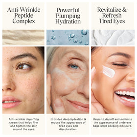 LilyAna Naturals applying eye cream under eye showing de-puffing benefit