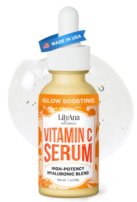 LilyAna Naturals front bottle showing clean vitamin C serum packaging benefit brightening