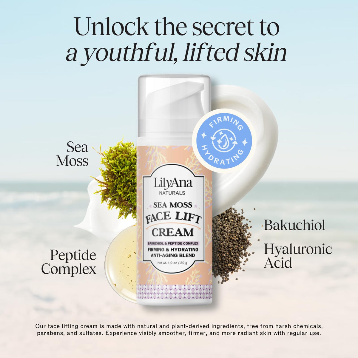 LilyAna Naturals ingredient layout with bakuchiol and peptides highlighting firming