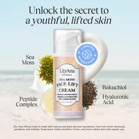 LilyAna Naturals ingredient layout with bakuchiol and peptides highlighting firming
