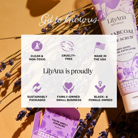 LilyAna Naturals scrub on bathroom shelf lifestyle scene promoting daily ritual ease