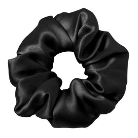 LilySilk black scrunchie front view showing sleek hold and minimal bulk