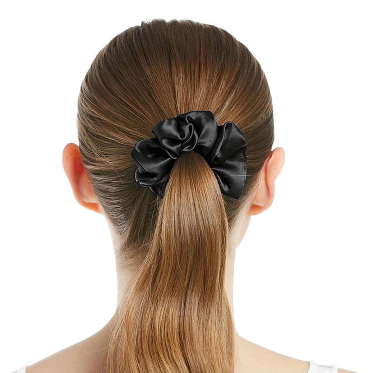 LilySilk scrunchie in a ponytail demonstrating secure hold without creases