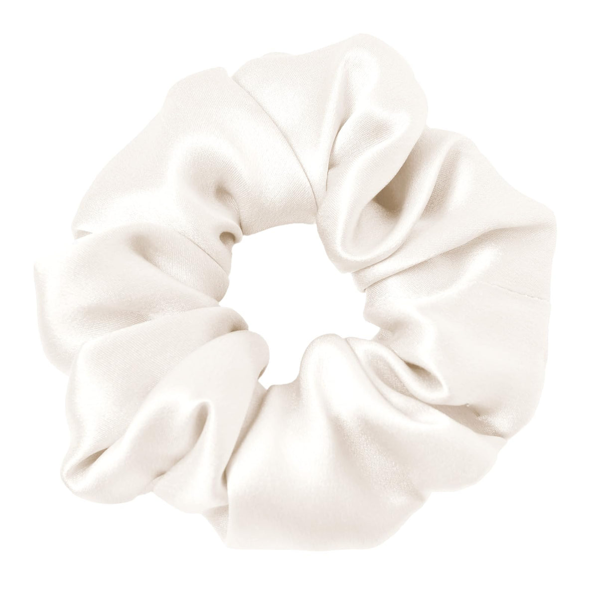 LilySilk ivory scrunchie front view showing elegant silk finish and gentle hold