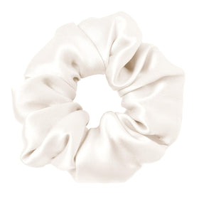 LilySilk ivory scrunchie front view showing elegant silk finish and gentle hold