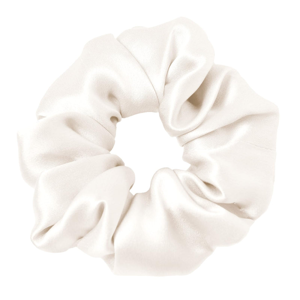 LilySilk ivory scrunchie front view showing elegant silk finish and gentle hold