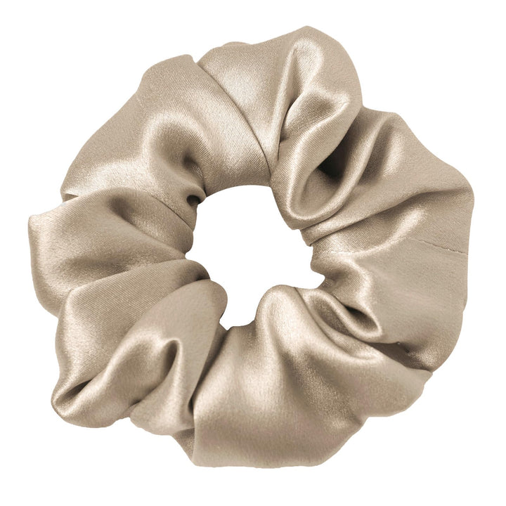 LilySilk coffee scrunchie front view showing silk sheen and neutral tone benefit