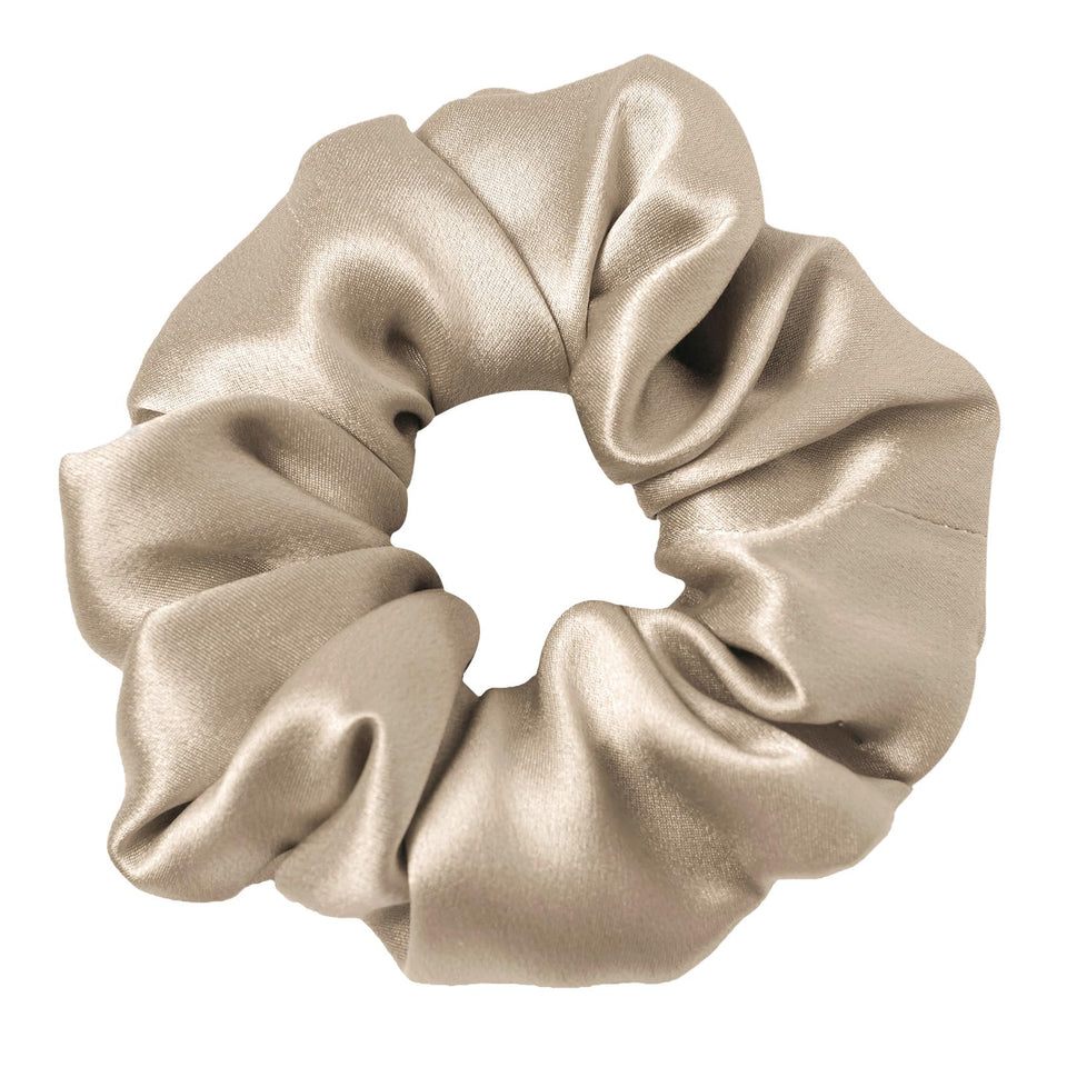LilySilk coffee scrunchie front view showing silk sheen and neutral tone benefit