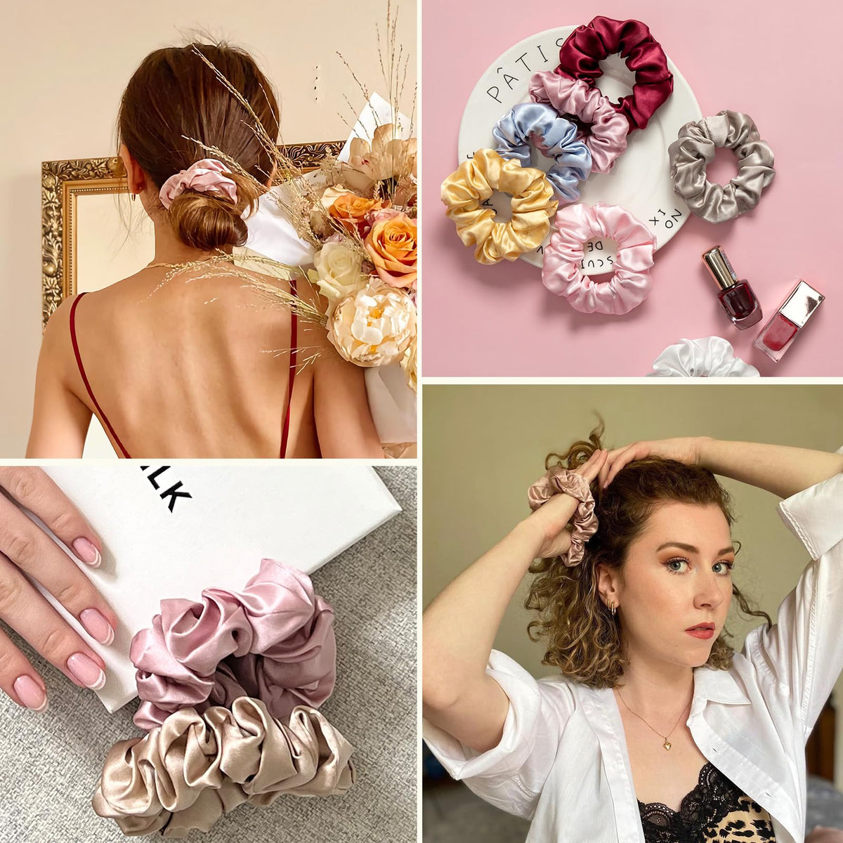 LilySilk scrunchie beside a ruler illustrating size and stretch benefit