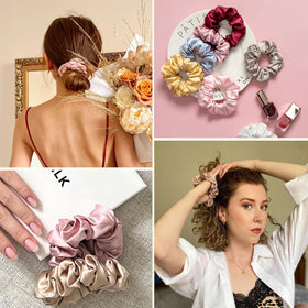 LilySilk scrunchie beside a ruler illustrating size and stretch benefit
