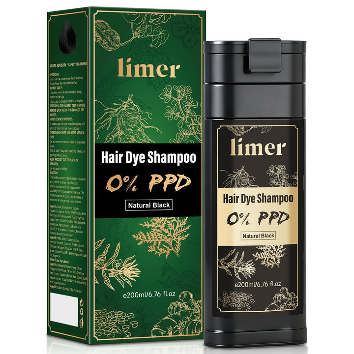 Limer front packaging showing natural black shampoo and easy use benefit