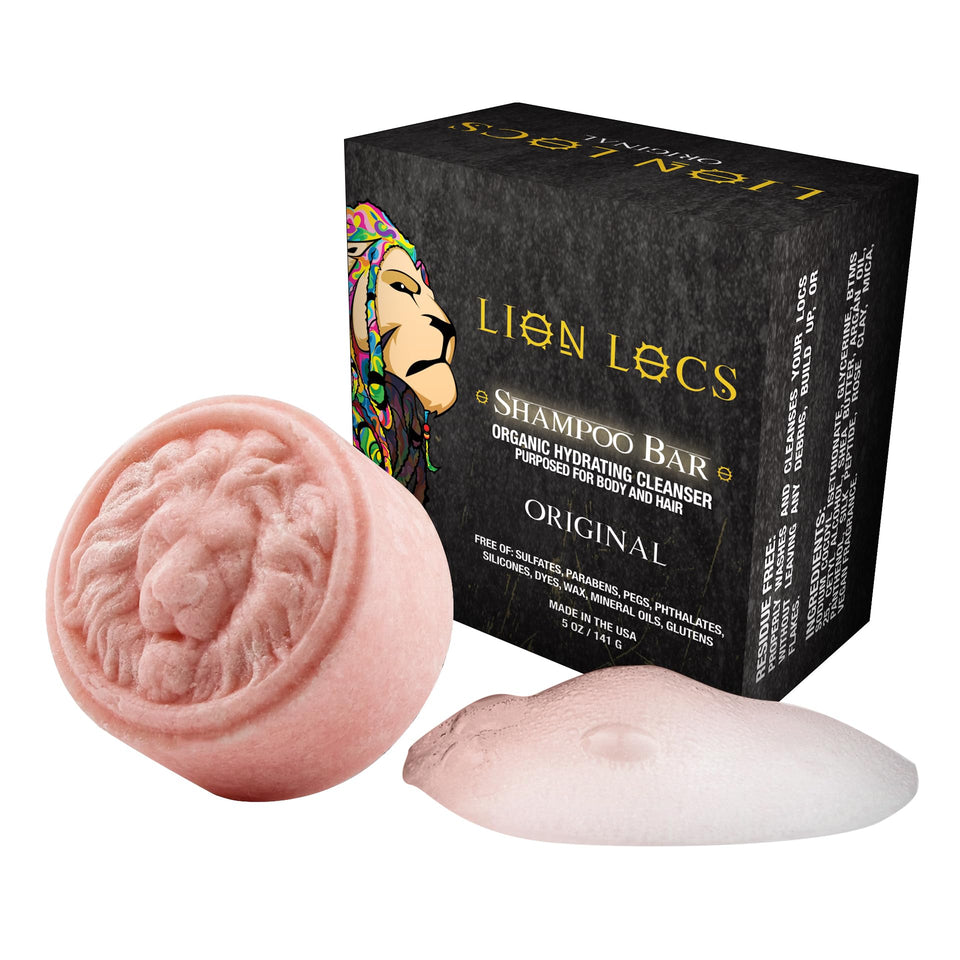 Lion Locs front bar packaging and solid bar showing compact travel benefit