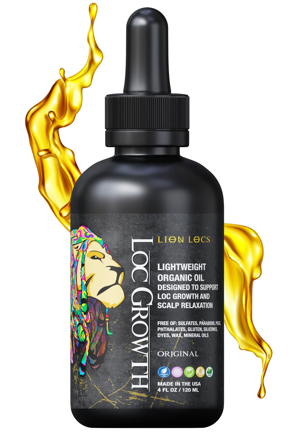 Lion Locs front label bottle showing brand and clear benefits
