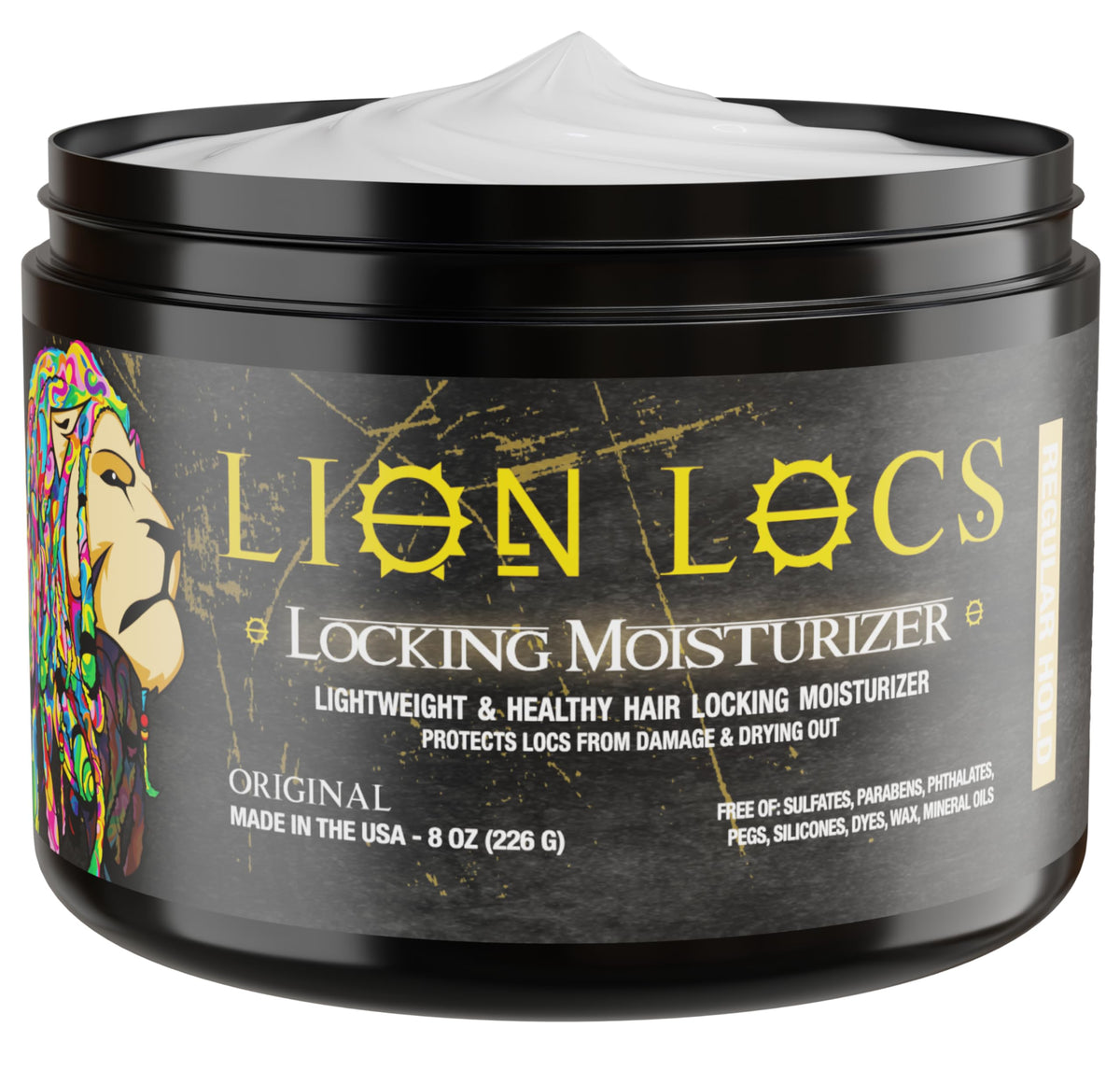 Lion Locs front packaging showing jar and branding for easy identification and trust