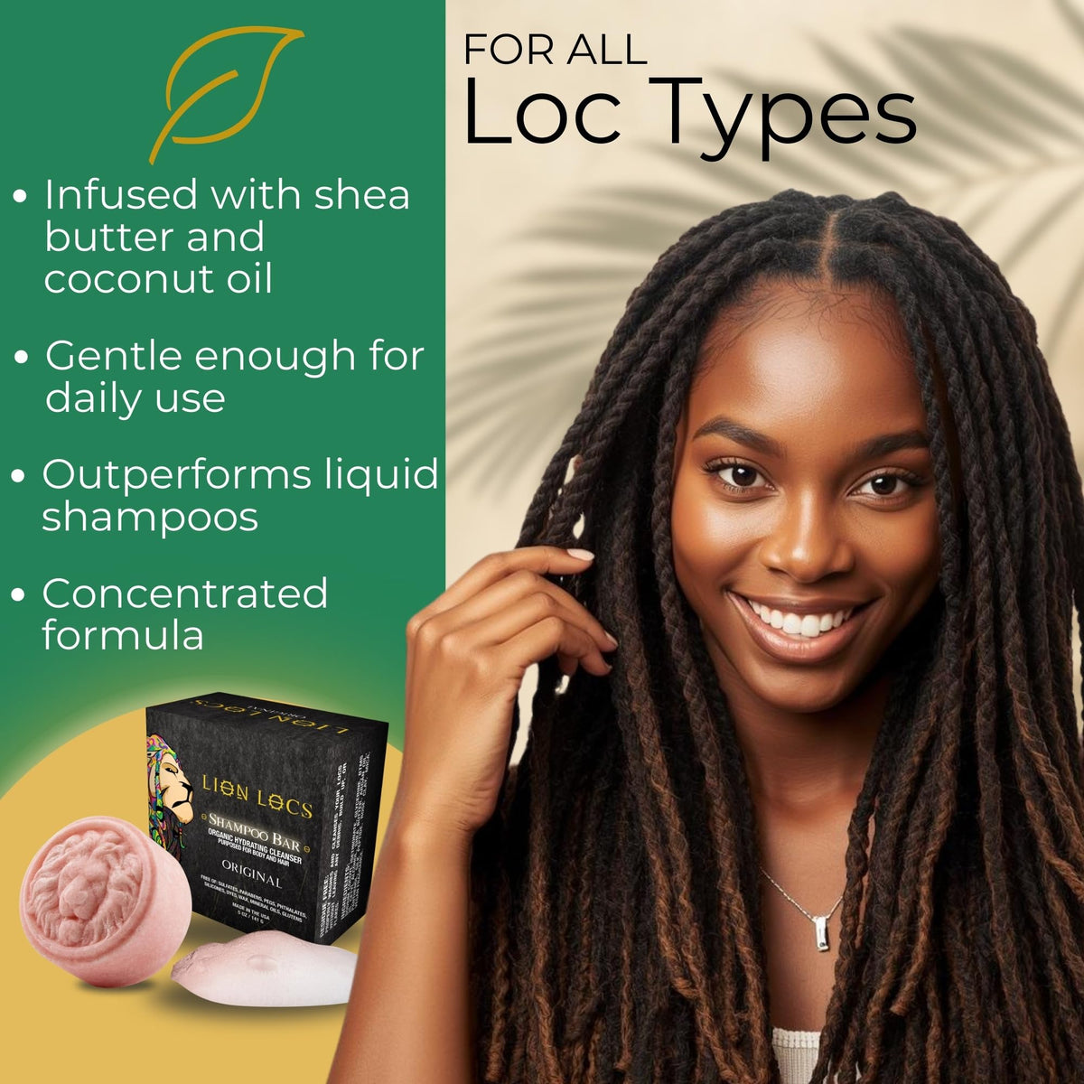 Lion Locs shea butter and coconut oil ingredients highlighting hydration benefit