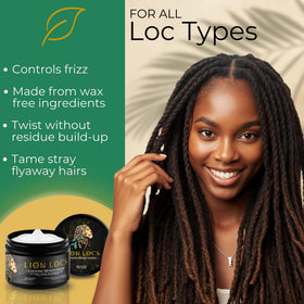 Lion Locs ingredients display with aloe, argan, jojoba showing natural nourishment