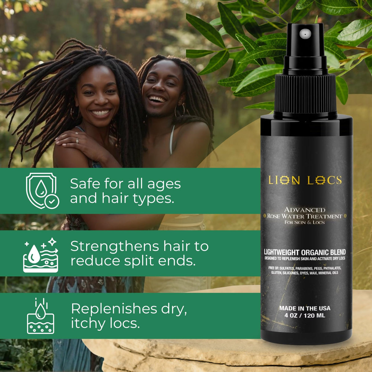 Lion Locs closeup label showing organic rosewater ingredient benefit