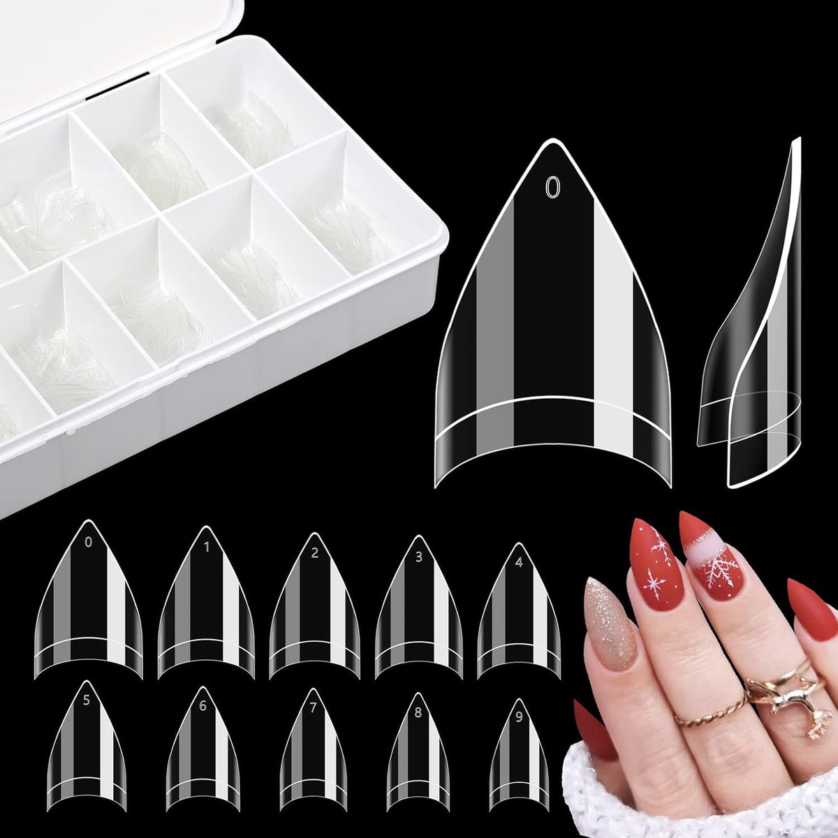LIONVISON front packaging showing 500 short stiletto tips, clear and convenient