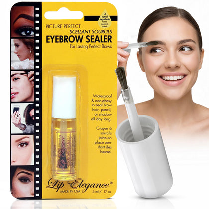 Lip Elegance front packaging showing clear brow gel and label, lasting hold