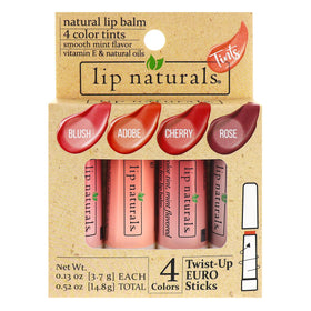 Lip Naturals front packaging showing four tint tubes and ingredients benefit