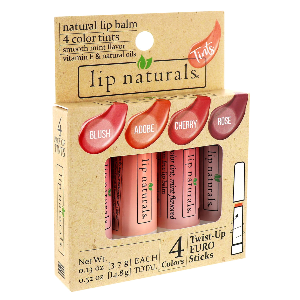 Lip Naturals swatches of blush adobe cherry rose showing color options
