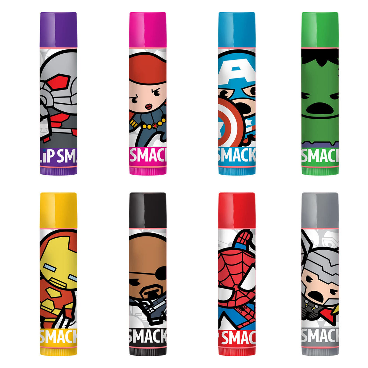 Close-up of Lip Smacker Marvel character labels highlighting Thor, Iron Man, and Spider‑Man designs for collectors