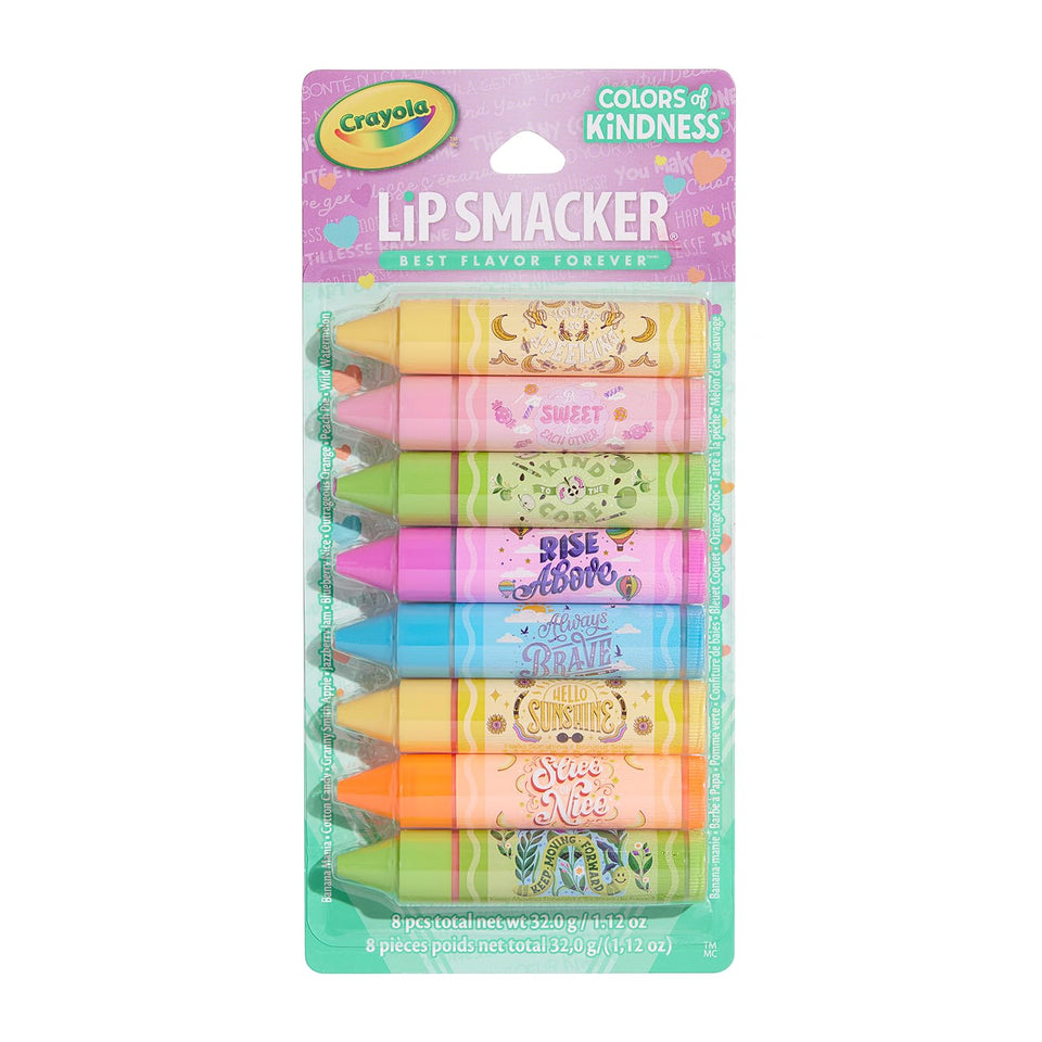Lip Smacker front packaging showing colorful crayon-style tubes and fun branding, playful gifting benefit
