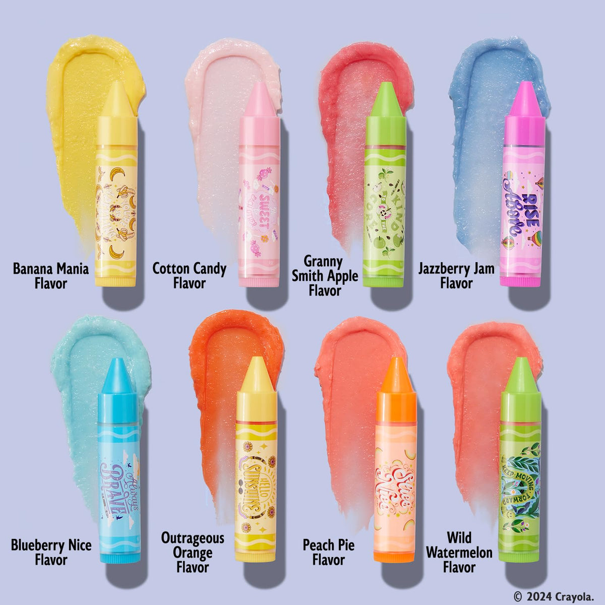 Lip Smacker close-up of individual crayon-shaped tube, clear label and easy-twist cap benefit