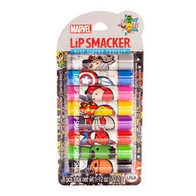 Lip Smacker front packaging showing eight Marvel character tubes and colorful artwork; playful gift appeal
