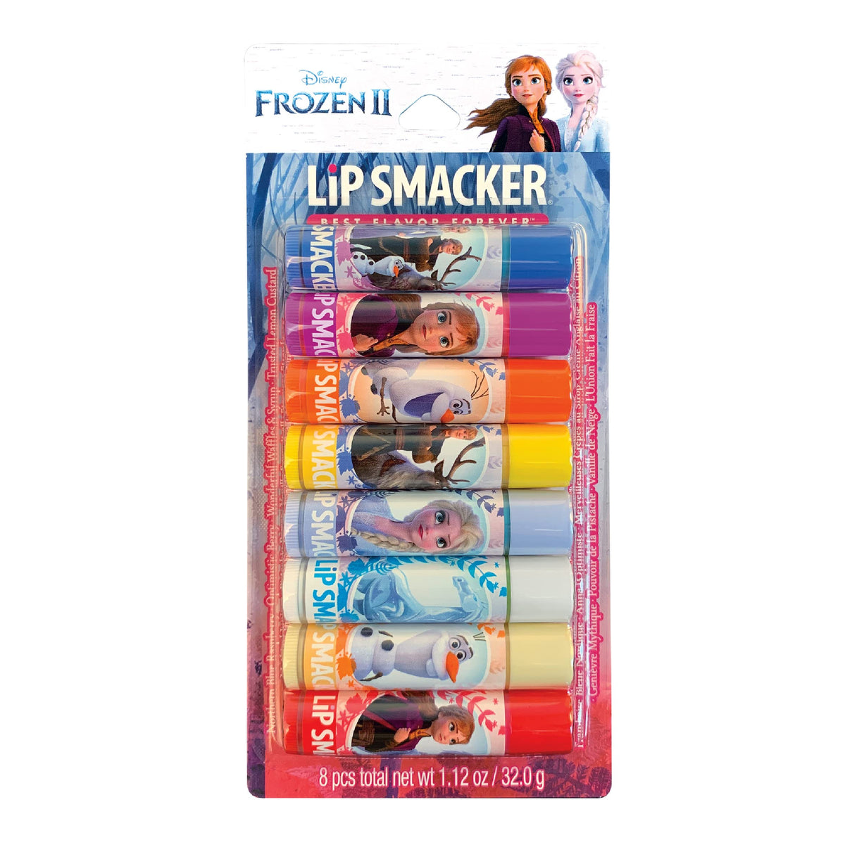 Lip Smacker Frozen 2 front packaging showing eight clear character tubes for easy sharing