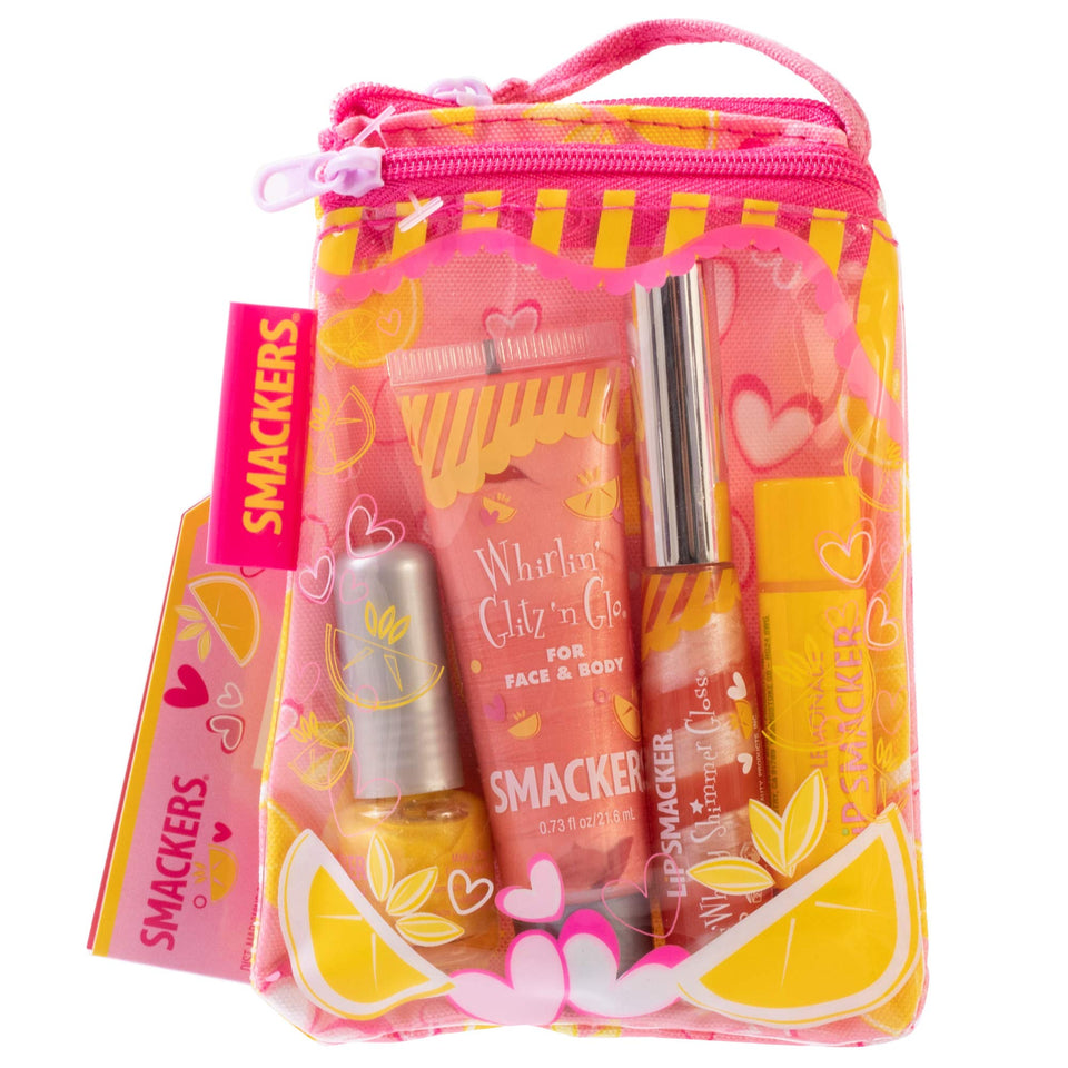 Lip Smacker glam bag front view showing Pink Lemonade items and gift-ready presentation