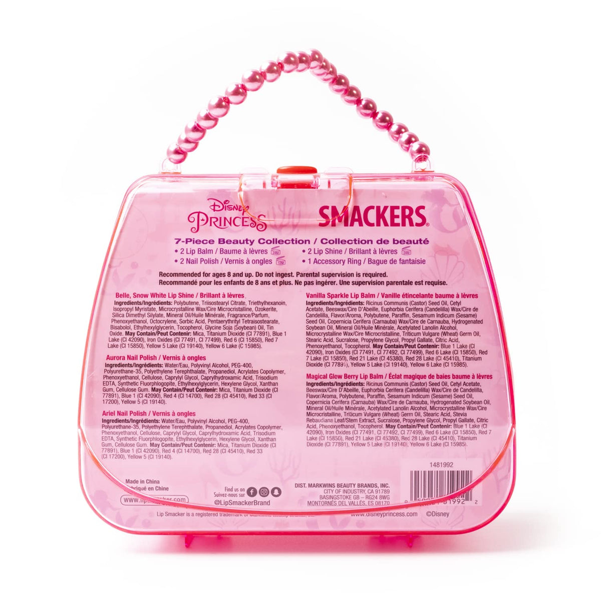 Lip Smacker tote in a bedroom setting with polishes, balms and hair barrette