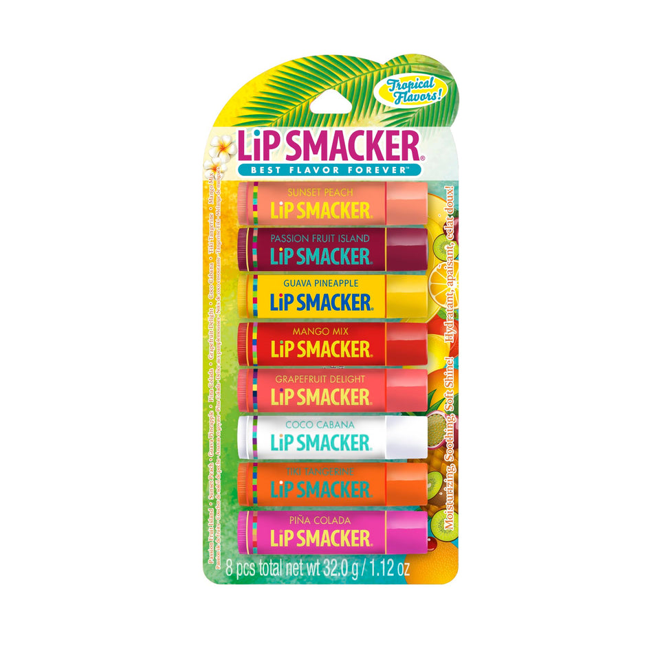 Lip Smacker front packaging showing eight tropical flavored tubes and bright design