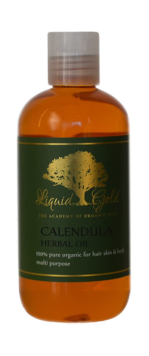 Liquid Gold Inc front label showing calendula infusion and size benefits