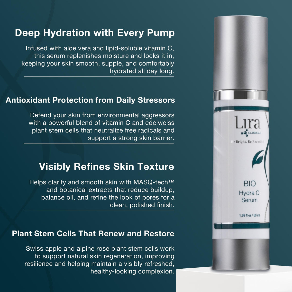 Lira Clinical serum poured beside ruler to show 50 ml size and easy dosing