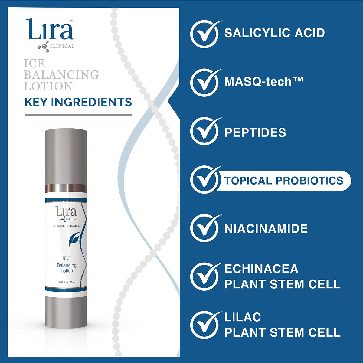 Lira Clinical on bathroom shelf in routine setting illustrating layering with serums and SPF