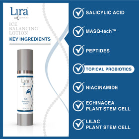Lira Clinical on bathroom shelf in routine setting illustrating layering with serums and SPF