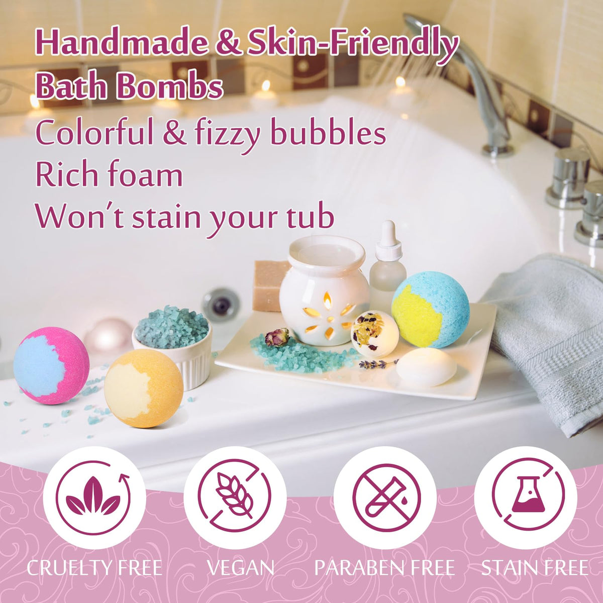 Lisotera bath bomb fizzing in tub showing foam and scent release for relaxation