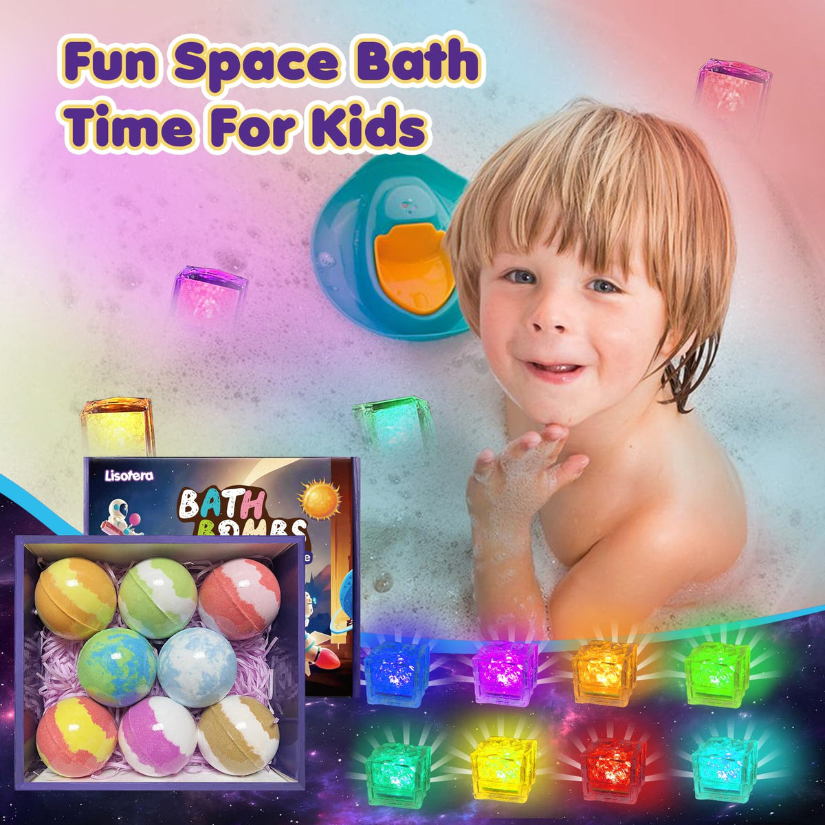 Lisotera child playing with glowing planet toy during bath time for longer engagement