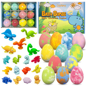 Lisotera front packaging showing 12 dino egg bath bombs and toys, gift-ready