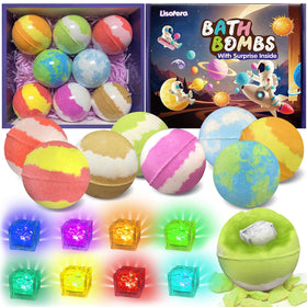 Lisotera front packaging showing eight planet bath bombs and boxed gift set benefit excitement