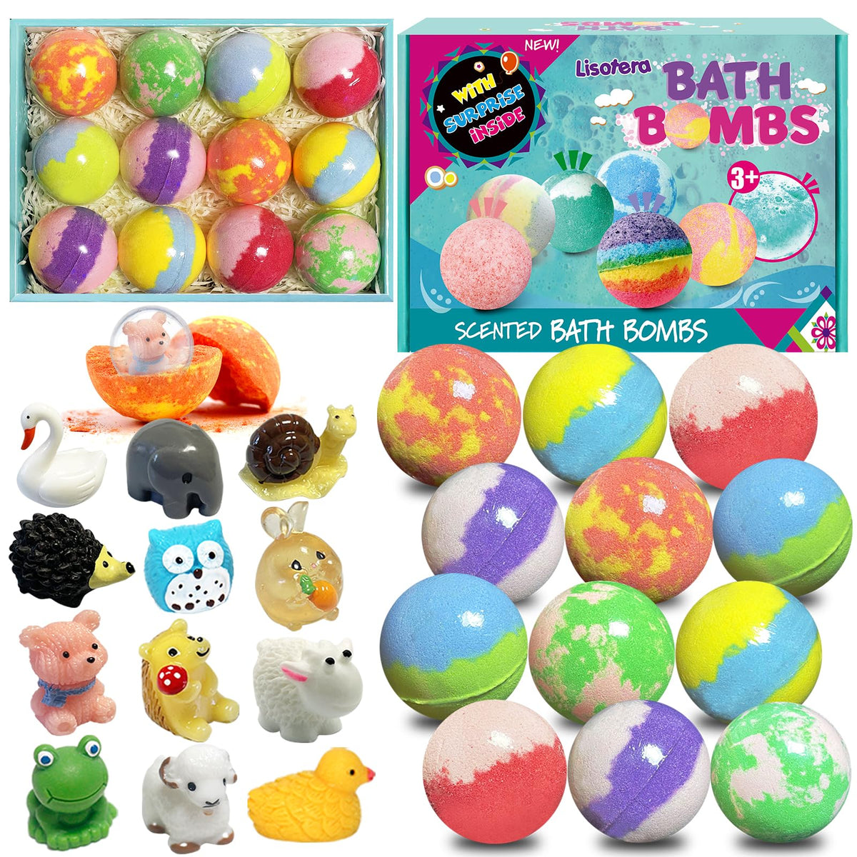 Lisotera front packaging showing 12 colorful bath bombs and gift-ready box benefits