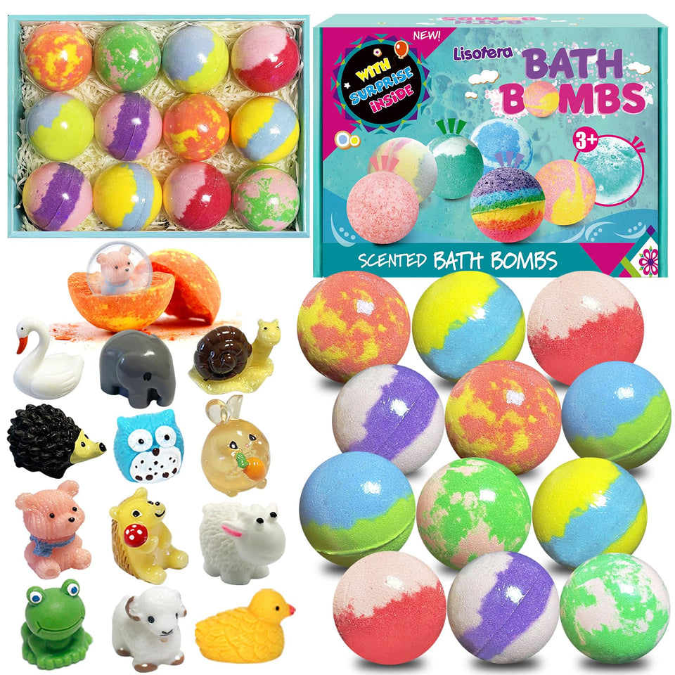 Lisotera front packaging showing 12 colorful bath bombs and gift-ready box benefits
