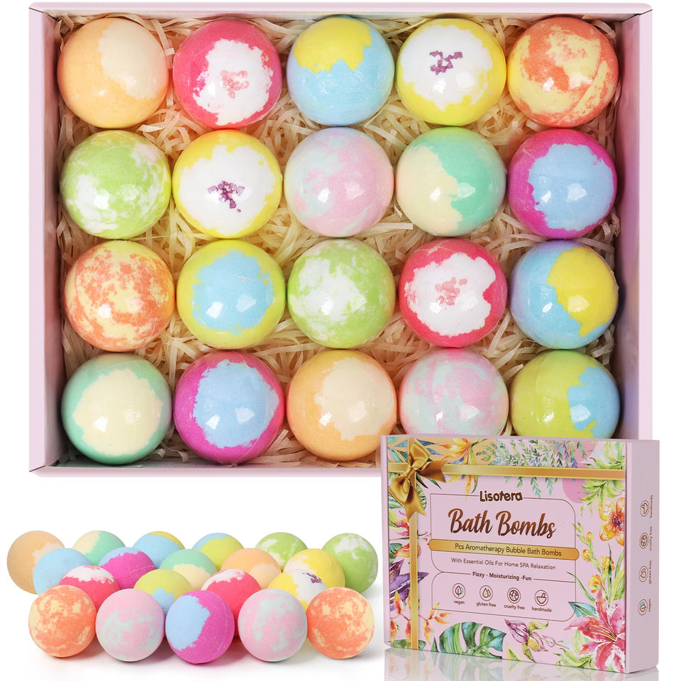 Lisotera front packaging showing 20 bath bombs and floral gift box, easy gifting