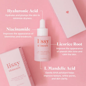 lissy skincare bottle label detail showing mandelic and niacinamide blend