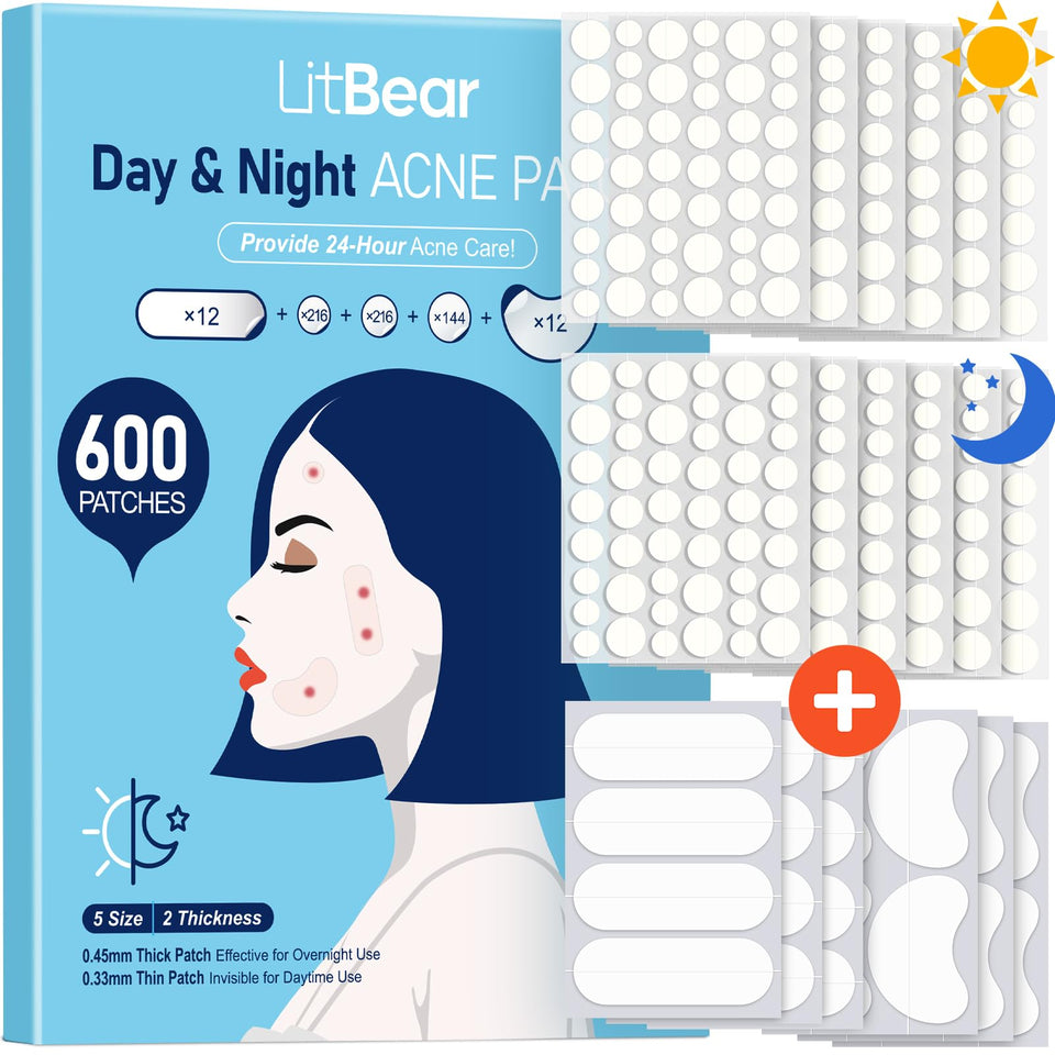 LitBear front packaging showing full 600-count acne patch kit and branding benefits