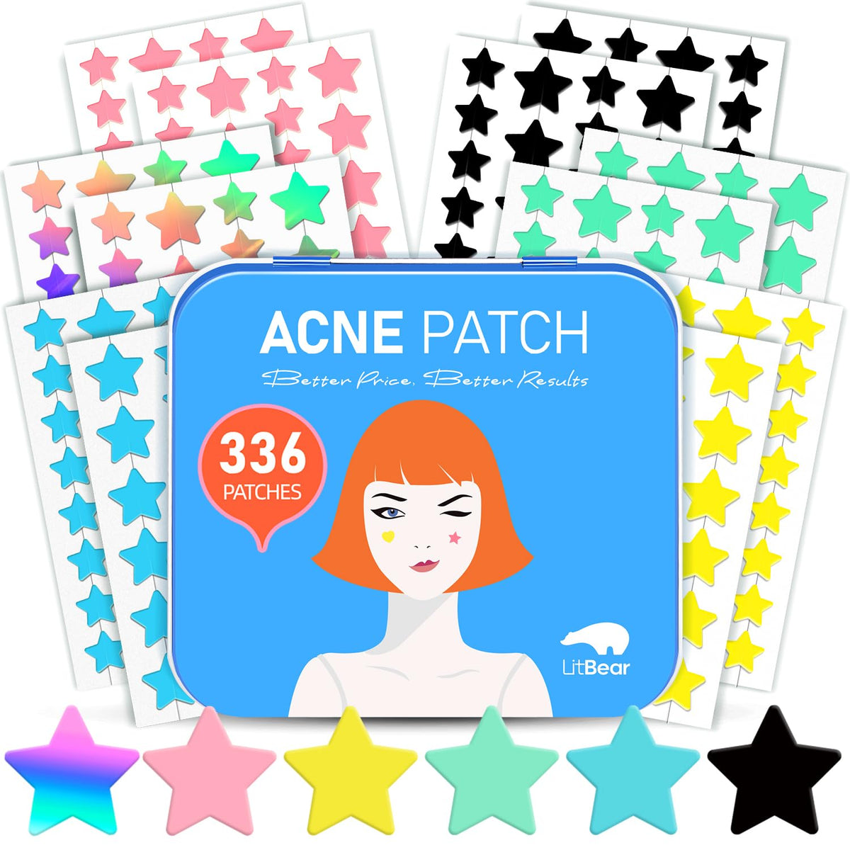 LitBear front packaging showing colorful star pimple patch pack and count benefit