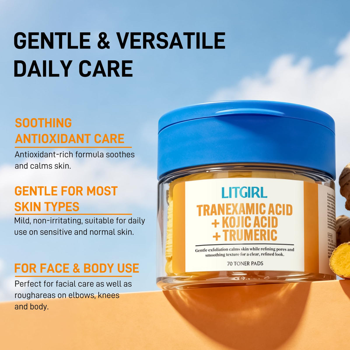 LITGIRL pad application on cheek demonstrating gentle exfoliation and brightening