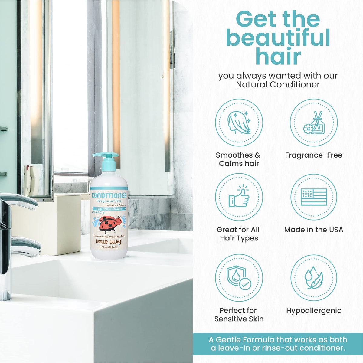 Little Twig conditioner dispensed in hand demonstrating easy application and slip