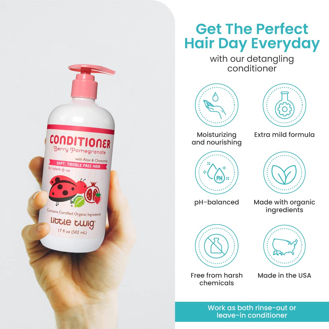 Little Twig conditioner being dispensed from pump demonstrating easy one-handed use